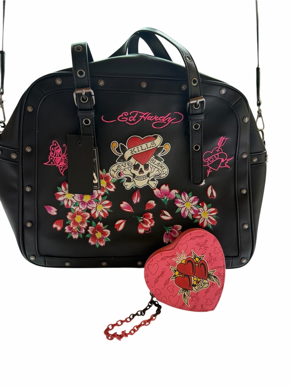 Ed Hardy Black Tote with free  Pink Heart Crossbody and Floral Skull Motif